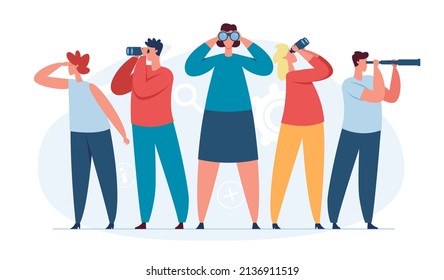 Characters searching for new ideas, business team looking into future. People look through binoculars, search for candidates vector concept. Job opportunities and recruitment concept