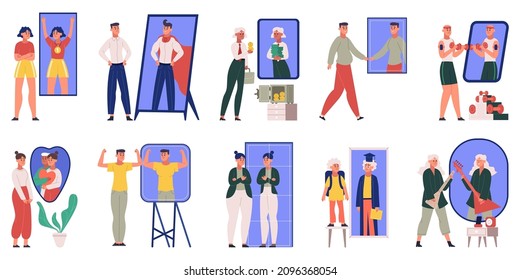 Characters see dreamy reflection in mirror, ambition, motivation scenes. Self confidence person vector illustration set. People dream of best version of themselves. Achievements in education, sport