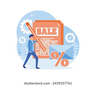 Characters sending advertising mails and promotional offers with sales and discounts. flat vector modern illustration 