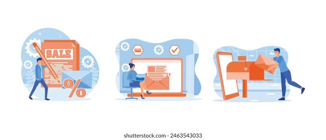 Characters sending advertising mails and promotional offers with sales and discounts. E-mail marketing and promotion scenes. Ecommerce business concept. Set flat vector modern illustration 