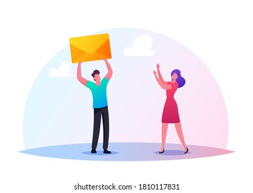 Characters Sending or Getting Messages Concept. Tiny Man Giving Huge Yellow Envelope to Woman. People Writing Mails and Send to Friends, E-mail, Postage, Communication. Cartoon Vector Illustration