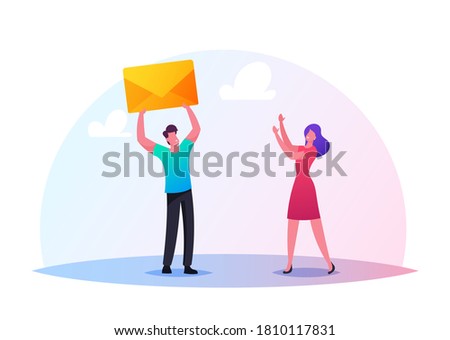 Characters Sending or Getting Messages Concept. Tiny Man Giving Huge Yellow Envelope to Woman. People Writing Mails and Send to Friends, E-mail, Postage, Communication. Cartoon Vector Illustration