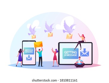 Characters Sending Messages. Tiny Men and Women at Huge Smartphone and Tablet Pc Holding Yellow Envelopes, White Doves Deliver Post. Mobile App for Online Mailing. Cartoon People Vector Illustration