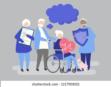 Characters Senior People Holding Healthcare Icons Stock Vector (Royalty ...