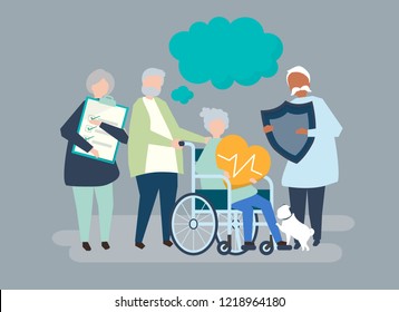 Characters Senior People Holding Healthcare Icons Stock Vector (Royalty ...