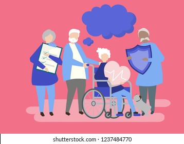 Characters Senior People Holding Healthcare Icons Stock Vector (Royalty ...