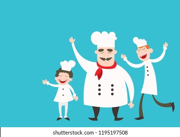 Characters Set of Cartoon Chef. Mascots in Dynamic Poses on Blue Background. People Boy Chef in White Hat. Place for Text. Vector Illustration.