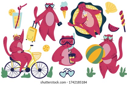 Juego de caracteres de gato. Vacaciones, verano, deporte, diversión, tema de estilo de vida. Estilo escandinavo. Ilustración vectorial de estilo caricatura dibujada a mano para impresiones, productos infantiles, tarjetas, carteles, embalaje