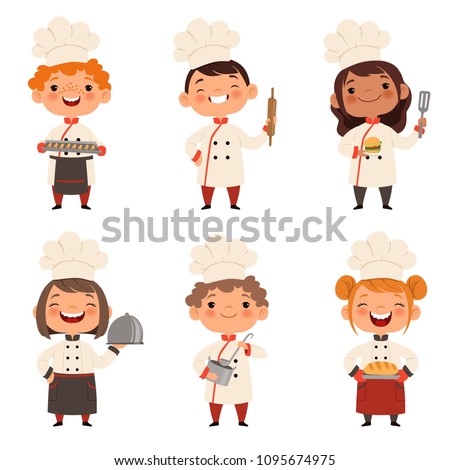 Characters set of children cooks. Cartoon mascots in various dynamic poses. People boy and girl chef in white hat, vector illustration