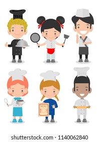 Characters set of children cooks, Cute Kids Chef on white background, set of Children Cooking, child chef cute,Vector illustration