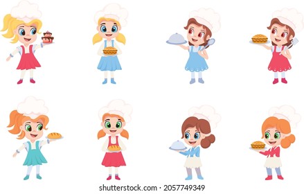 Characters set of children cooks. Girl chef in white hat. Vector illustration