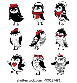 characters set with cute owls
