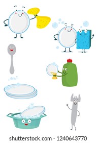 characters in the set of dishes on the theme of washing dishes