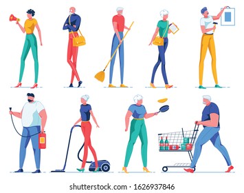 Characters Set Flat Cartoon Vector Illustration. Woman with Megaphone, Janitor Sweeping Floor. Man hanging Picture on Wall. Housekeeper with Vacuum Cleaner. Elderly Woman Frying Pancakes.