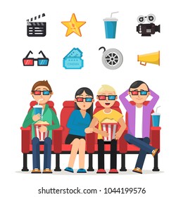 Personajes de gente divertida viendo películas en el cine. Cine de cine, película de entretenimiento, palomitas de maíz y audiencia. Ilustración del vector