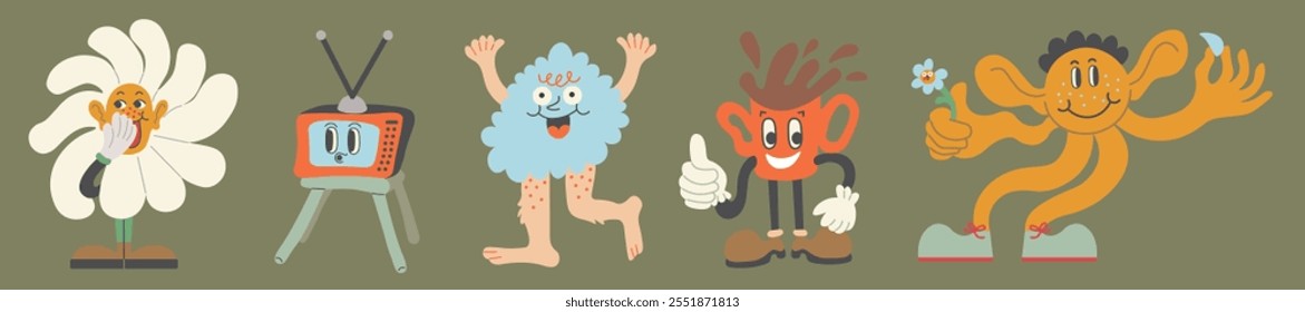 Characters set in groovy doodle style in vector. Elements for poster sticker design logo decoration