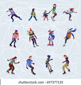 Characters Set Of Happy Figure Ice Skating At Rink. Vector Illustration In Flat Design.