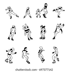 Characters set of happy figure ice skating at rink. Vector illustration in flat design.
