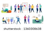 Characters Set Isolated on White Background. Business Seminar, Speaker Doing Presentation. Teamworking, Lounging Man, Girl Work on Computer, Comminicating People Cartoon Flat Vector Illustration.