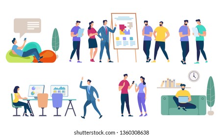 Characters Set Isolated on White Background. Business Seminar, Speaker Doing Presentation. Teamworking, Lounging Man, Girl Work on Computer, Comminicating People Cartoon Flat Vector Illustration.