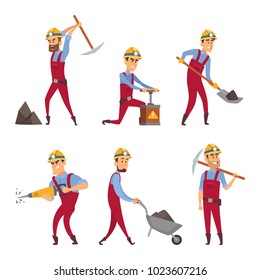 Characters set of miners. Cartoon characters miner worker, people professional occupation, vector illustration