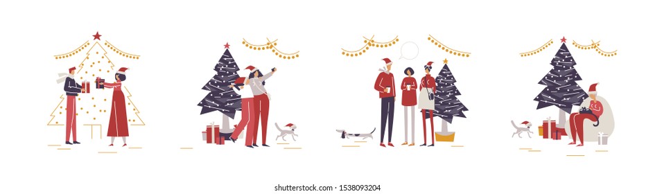 Characters set. Party around Christmas tree. Happy friends communicate, enjoy at home. Company celebrates new year. People in santa hats jollify on holiday. Vector illustration isolated on white