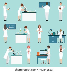 Characters set Scientists with male and female people in laboratory isolated vector illustration.