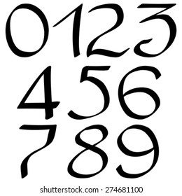  Characters set. Vector calligraphy figures 0-9 written with ink and flat nib.