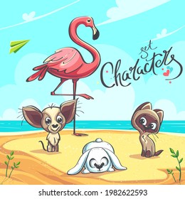 Characters set - vector illustration. Flamingo, puppy, kitten on the seashore.