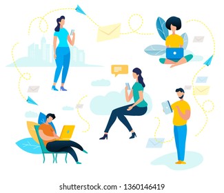 Characters Set. Young Men and Women Use Smartphone and Laptop for Reading News, Chatting, Texting Message to Friends. Internet Mobile App Icons. People App Addiction. Cartoon Flat Vector Illustration