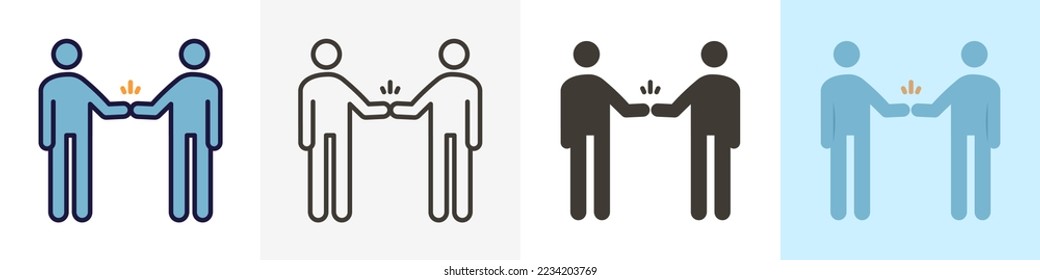 Characters shaking hand. Fist bump. Vector trendy icon illustration design in 4 different styles. For teamwork, partnership, friendship, greetings, celebration.