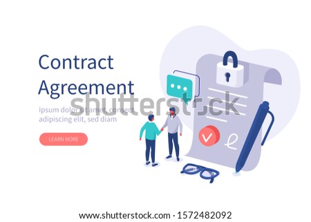 Characters Shaking Hands after Signing Official Contract Document. Two Businessman Finishing Successful Business Deal. Contract Agreement and Management Concept.  Flat Isometric Vector Illustration. 
