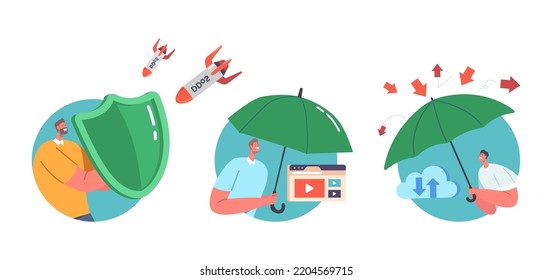 Caracteres con Escudo y paraguas Protegidos contra ataques cibernéticos o de Ddos. Seguridad de la información, Privacidad en el ciberespacio, Iconos redondos aislados de seguridad cibernética o avatares. Ilustración de vectores de personas de caricatura