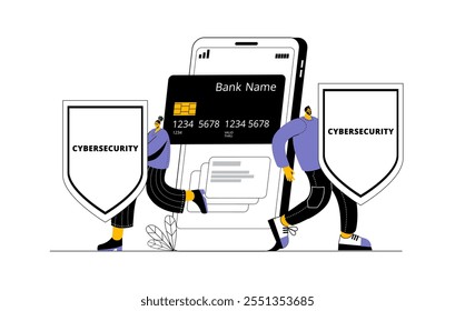Characters with shields cover phone screen with credit card. Vector illustration of cyber security and data protection concept on phone.