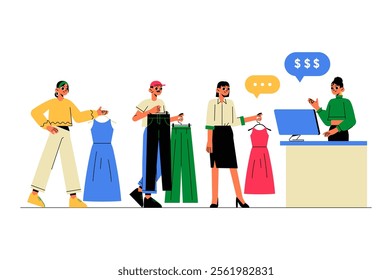 Characters Shopping And Interacting With Clothing Items In Flat Vector Illustration Symbolizing Retail, Fashion, And Consumer Behavior, Isolated On White Background