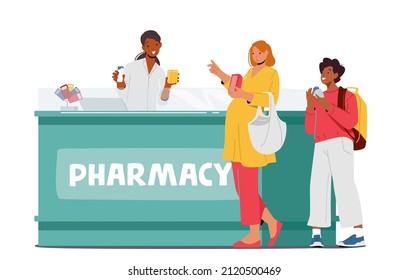 Characters Shopping in Pharmacy Store, People Purchase Drugs and Paying on Counter Desk. Customers Buying Medications and Vitamin Packs, Healthcare Concept. Cartoon Vector Illustration