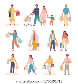 Caracteres con juego de compras. Las personas con bolsas de papel y carrito que regresan del mercado de la familia regresan a los supermercados supermercados ancianos hombres bolsas de mano de chicas diseñadoras de bolsos de mano. Vector de dibujos animados.