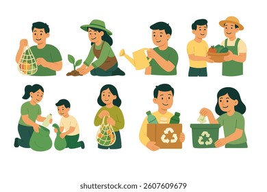Characters showing sustainable habits: planting trees, recycling, reusing bags and helping the environment.