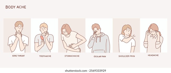 Characters Showing Various Pain Types. Hand drawn style vector design illustrations.	