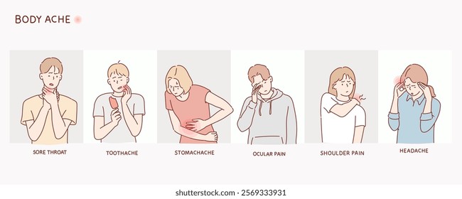 Characters Showing Various Pain Types. Hand drawn style vector design illustrations.	