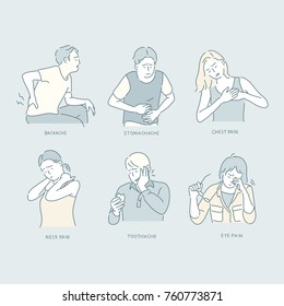 Characters Showing Various Pain Types  hand drawn illustrations  vector doodle design 