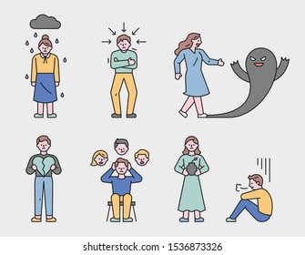 Characters showing various psychologically unhappy states. flat design style minimal vector illustration.