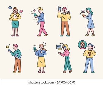 Characters showing various ways of using mobile phones. flat design style minimal vector illustration.