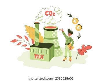 Characters showing ways to reduce CO2 emission impact through carbon management and taxes. Sustainability illustration set. Low carbon and environmental responsibility concept.