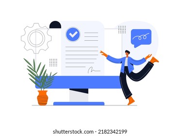 Characters signing legal document, electronic contract or agreement online. People reading contract terms and conditions. Vector illustration.