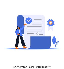 Characters signing legal document, electronic contract or agreement online. People reading contract terms and conditions. Vector illustration.