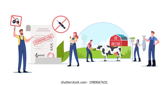 Characters Signing Petition for Sustainable Organic Agriculture and Animal Husbandry Free from Antibiotics or Hormones. Ecology Oriented Cattle Growing, Eco Farming. Cartoon People Vector Illustration