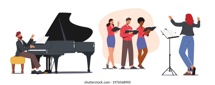 Characters Singing in Chorus with Musical Accompaniment. Young Men and Women with Singing Books Perform on Scene with Conductor Manage Process. Singers Choir Event. Cartoon People Vector Illustration