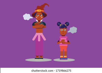 Characters of sisters mad each other. Halloween theme. Simple character vector illustration, this illustration can use as a sticker also.