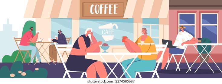 Charaktere sitzen, chatten und genießen Kaffee in der Straße Cafe. Konzept der Umwelt und der sozialen Atmosphäre des städtischen Lebens
